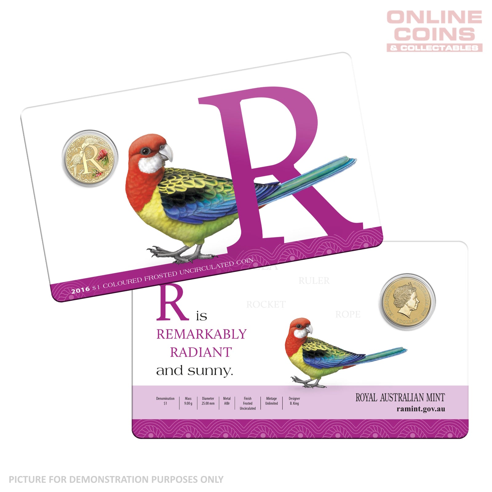 2016 $1 Coloured Alphabet Frosted Coin In Card - R for Rosella